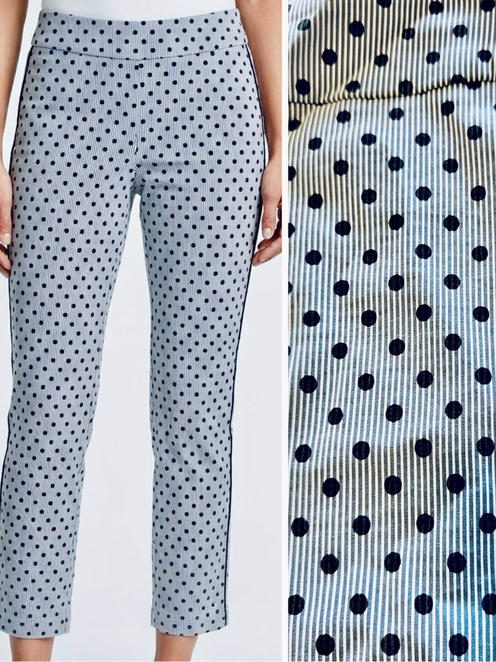 ATTYRE Stretchy Navy Blue & White Stripe Polka Dot Cropped Ankle Ponte Pants LHP